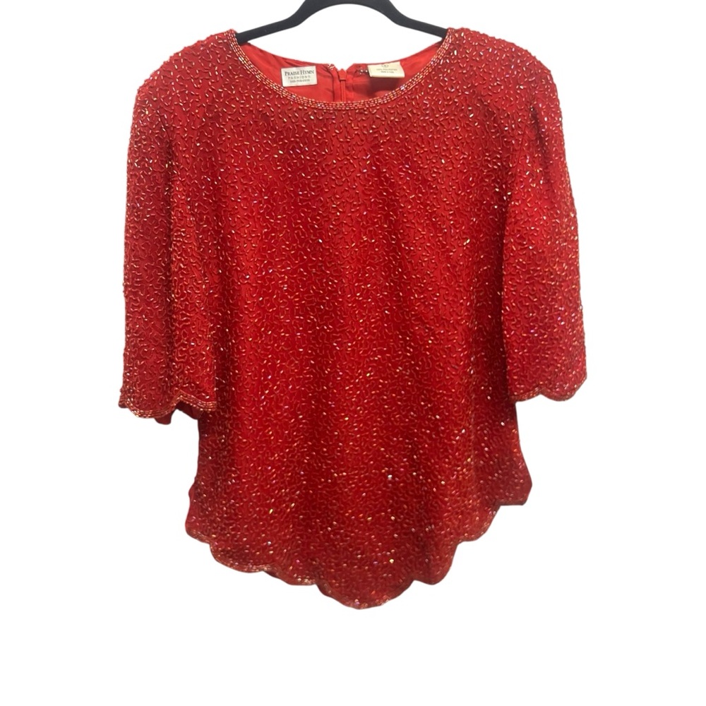 Vintage Red Beaded Blouse by Praise Hymn Scalloped Sleeve 80s 90s Small